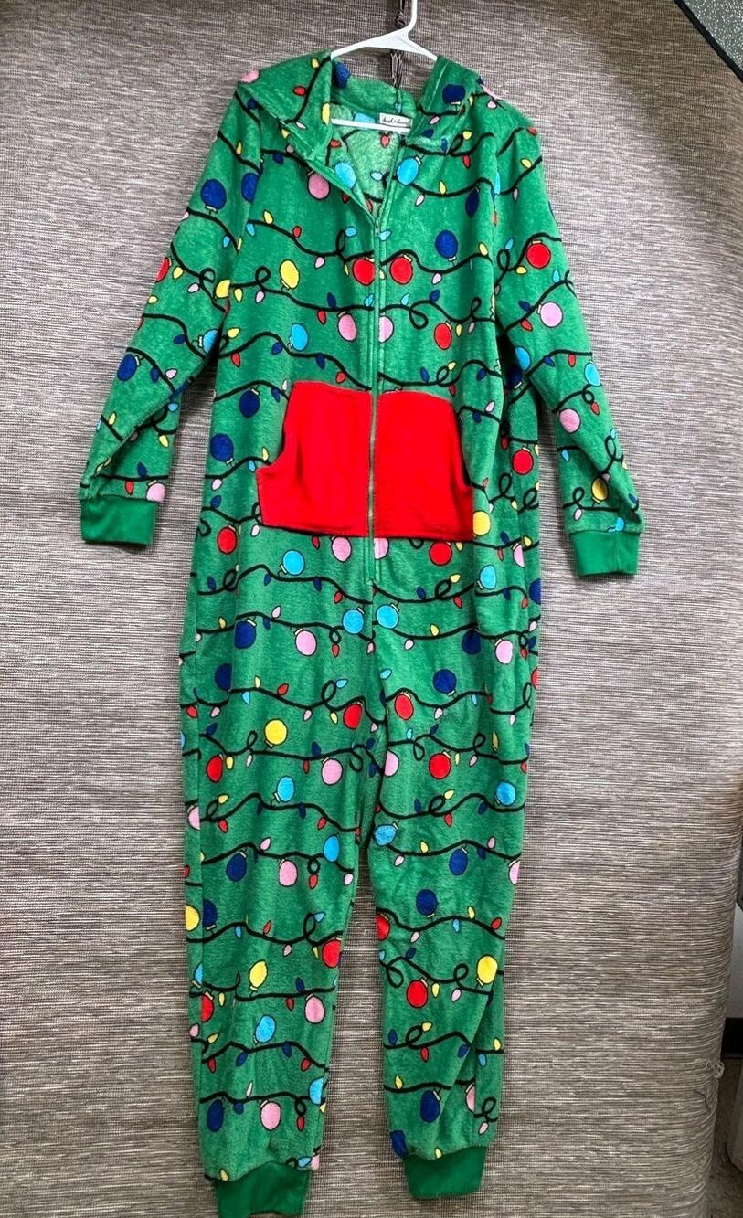 Derek Heart One-piece Pajamas Womens 2X Green Christmas Lights Hooded Fleece